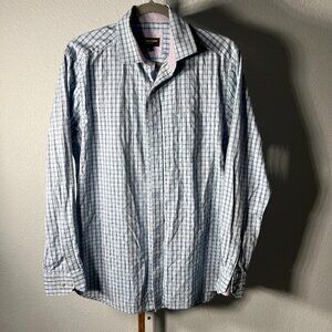 Johnston & Murphy Blue & White Grid Check Long-Sleeve Button-Up SZ Med